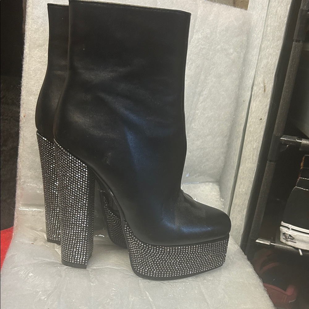 Black Platform Ankle Boots with Crystal-Embellished Heel